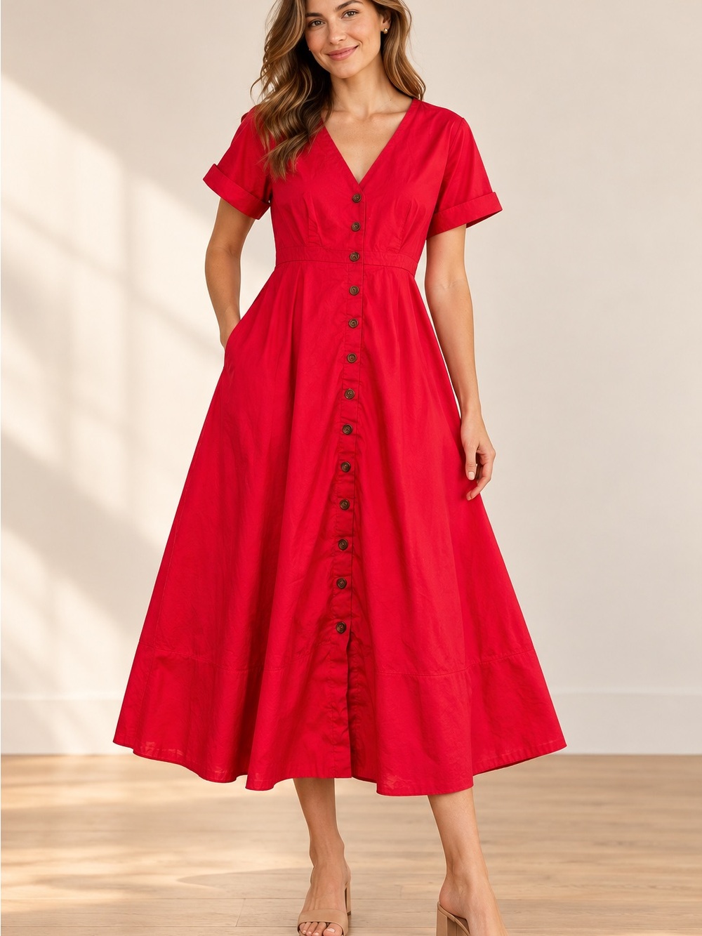 Tuckernuck Red Button-Front V-Neck Midi Dress